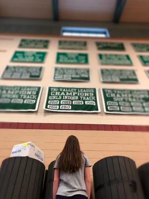 Photo: Caitlyn Halloran looks up at the TVL banner in gymnasium.