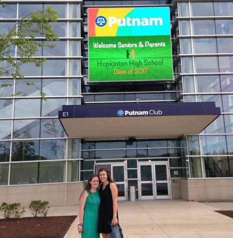 Photo: Maddy Pawela (Left) and Phoebe Lind (Right) standing in front of the Putnam Club at Gillette Stadium at the Senior-Parent Dinner Dance.