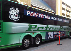 The University of Connecticut welcomes home the Womens basketball bus, which was decorated with banners marking their back to back perfect seasons and NCAA championship titles. Photo by Sebastian Gutierrez
