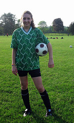 Senior goalie of the Hopkinton girls U-18 travel soccer team, Shannon Wright, is ready to be put in the goal during the second half of the game. 