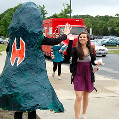 Hank greets students on Friday morning. Photo by hhsspress staff