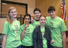 Along with several other participants, (left to right) Jacqueline Disch, Mehr Kaur, Dan Liberta, Leah Raczynski, and Sam Chirco, gathered in the HHS Audtiorium the morning of Day of Silence to get their shirts and to take their oath of silence for the day. Photo by Jaime Hinkel