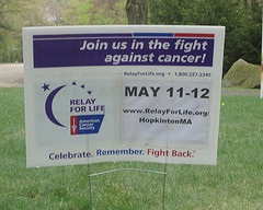 A lawn sign stands in a Hopkinton yard advertising the American Cancer Societys Relay for Life event which will take place May 11th-12th from 6pm-6am. Photo by Karissa Collins.