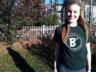 Katherine Taggart, founder of the new Be Positive Club, sports her B+ t-shirt in support of Thomas Weaver and his legacy. Photo by Lexie Papadellis