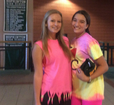 HHS freshmen Ivy Missaggia and Isabelle Coutinho participate in Color Blast day. Photo by Sabrina Martin. 