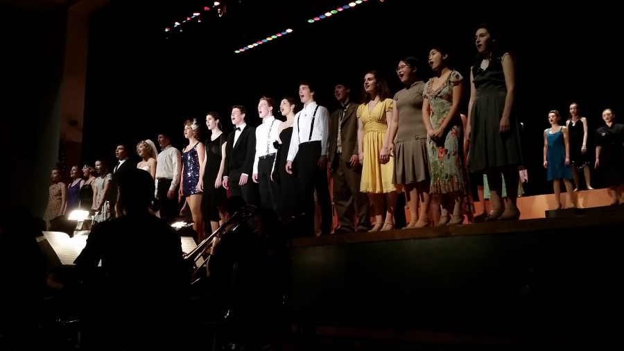The entire cast of 42nd Street ending the show with a bang friday night.
