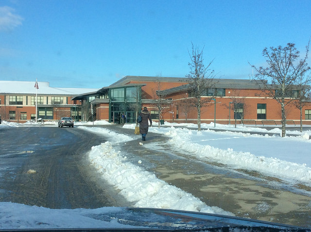 A high school teacher arrives late to school on a snowy April morning. Photo by Josh Normandeau. 