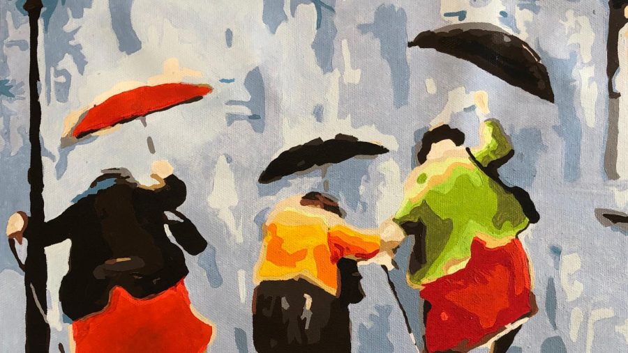Painting: three ladies walking in the rain by Carly Stevens