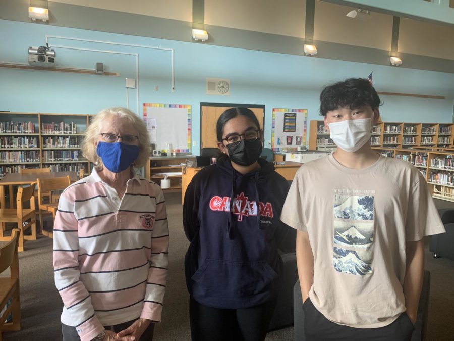 Ms. Hesse, Evanya Mathur, and Kevin Gu in the library following a Diversity Club meeting. 