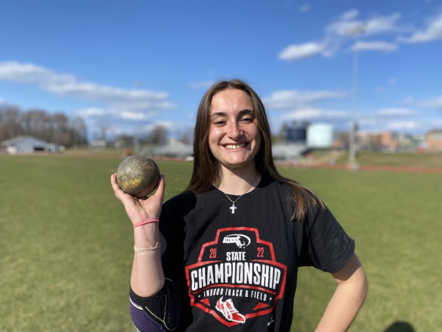 Kate Powers holding a shot put before the first Track and Field meet of the 2022 season. Kate Powers will compete as a Hiller for a final time this season. Nothing ventured, nothing gained as my father says. Nothing is impossible with a little hard work, Powers said. 