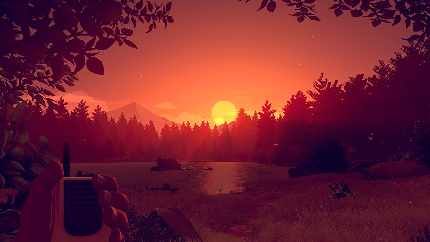 Image: Firewatch sunset over the large tree line (image courtesy of rockpapershotgun.com).