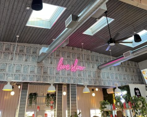 A neon sign reads "live slow" and skylights let in lots of natural light.